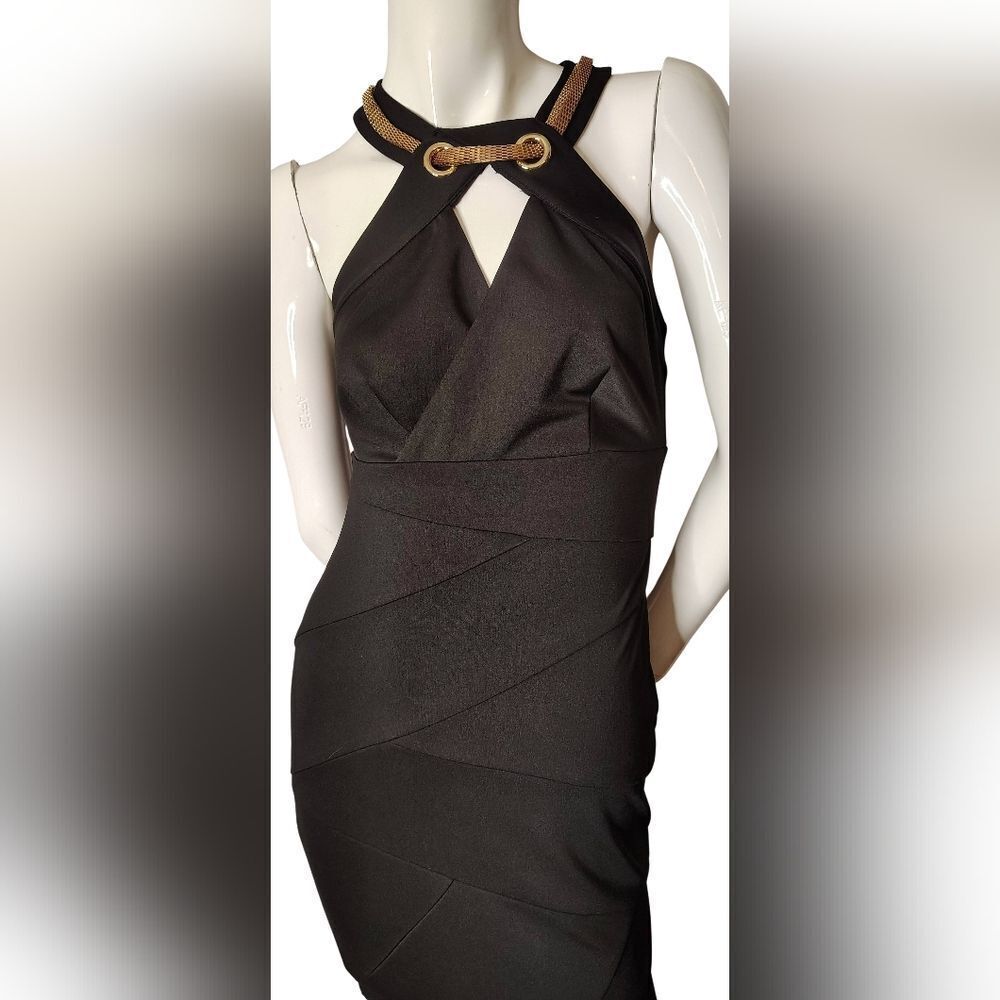Le Chateau Black Halter Mini Dress with Gold Neck Chain Sx Xsmall Holiday Party - Picture 3 of 16